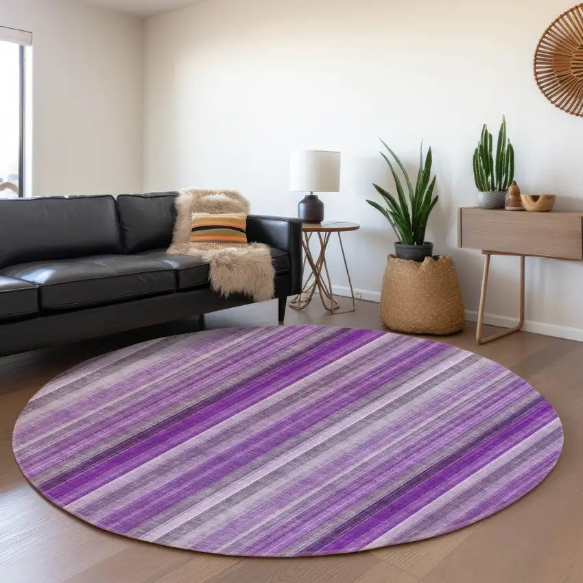 8' Purple And Ivory Striped Washable Round Rug With UV Protection Photo 5