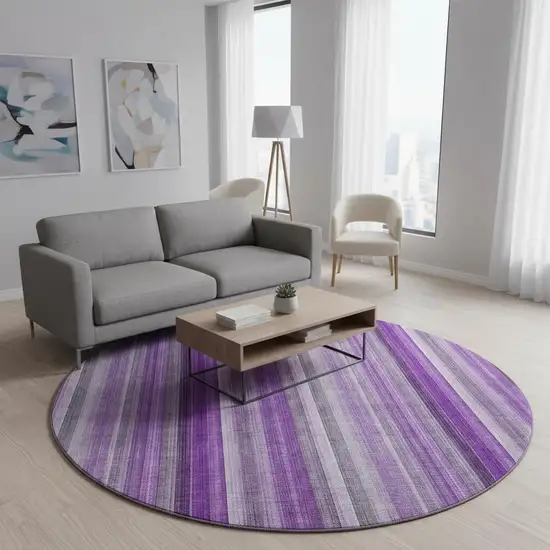 8' Purple And Ivory Striped Washable Round Rug With UV Protection Photo 2