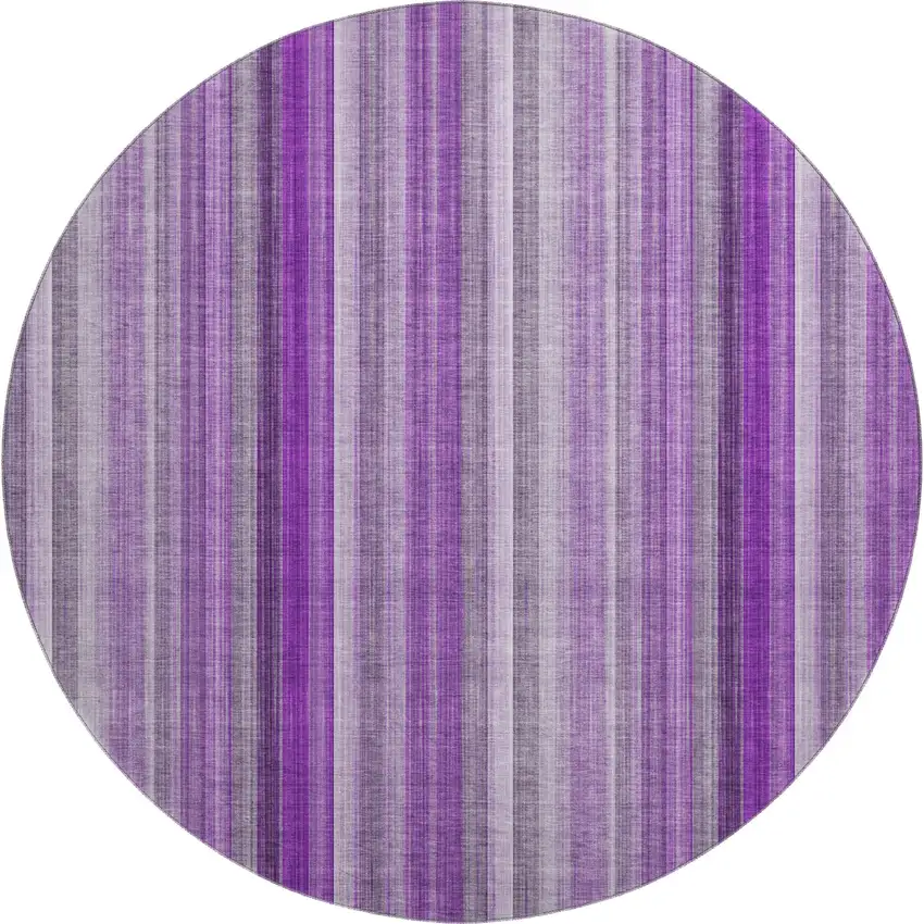 8' Purple And Ivory Striped Washable Round Rug With UV Protection Photo 1