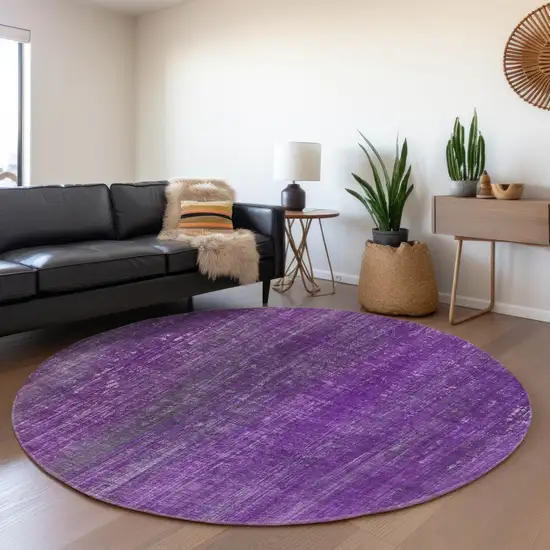 8' Purple And Ivory Striped Washable Round Rug With UV Protection Photo 5