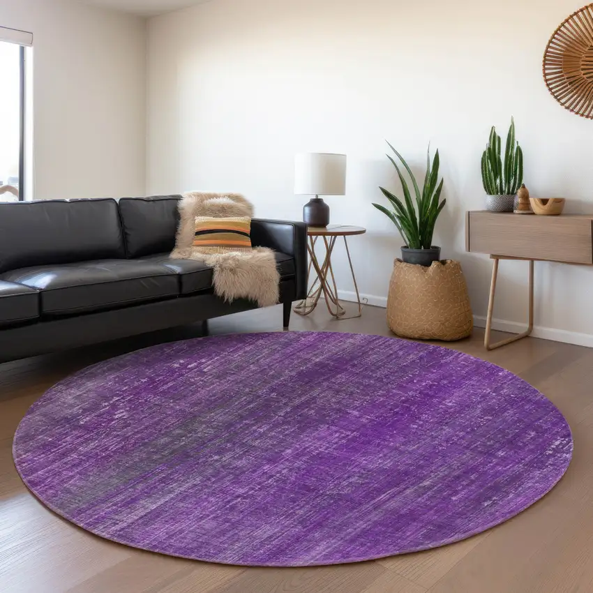 8' Purple And Ivory Striped Washable Round Rug With UV Protection Photo 5