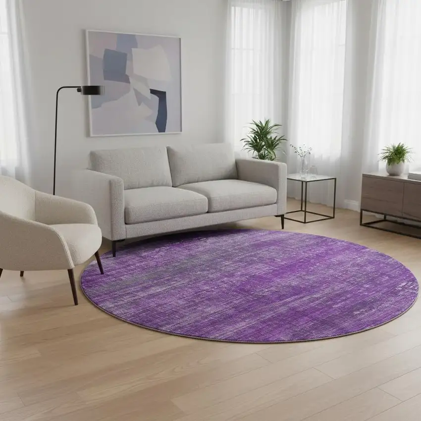 8' Purple And Ivory Striped Washable Round Rug With UV Protection Photo 2