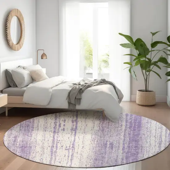 8' Purple And Ivory Striped Washable Round Rug With UV Protection Photo 5