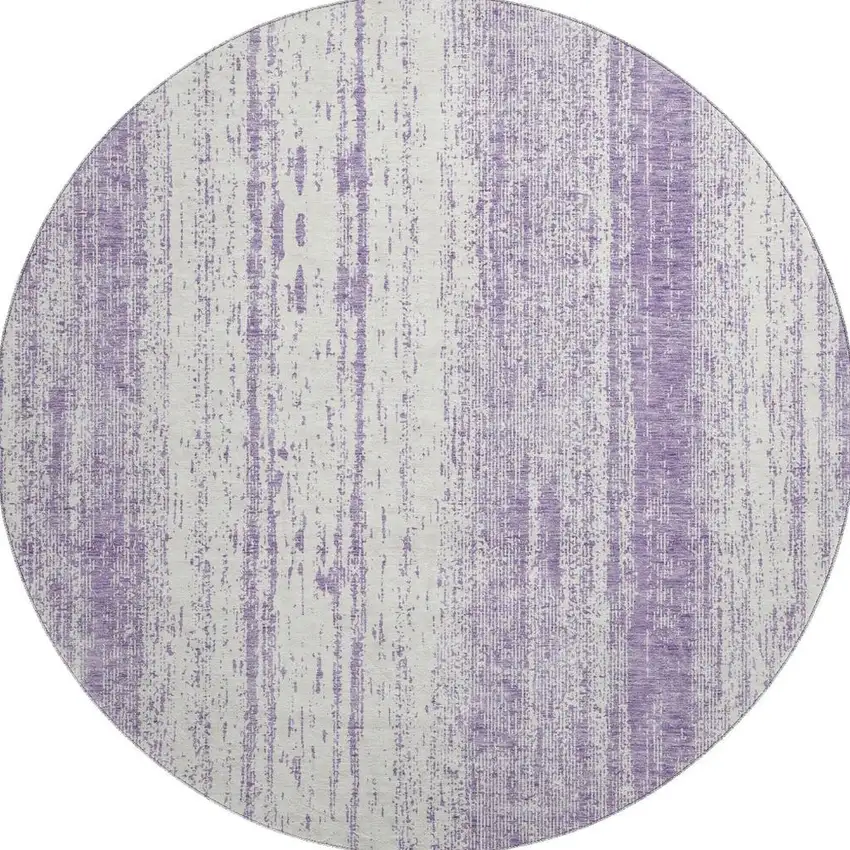 8' Purple And Ivory Striped Washable Round Rug With UV Protection Photo 4