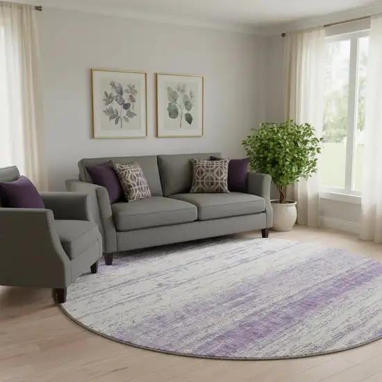 8' Purple And Ivory Striped Washable Round Rug With UV Protection Photo 1