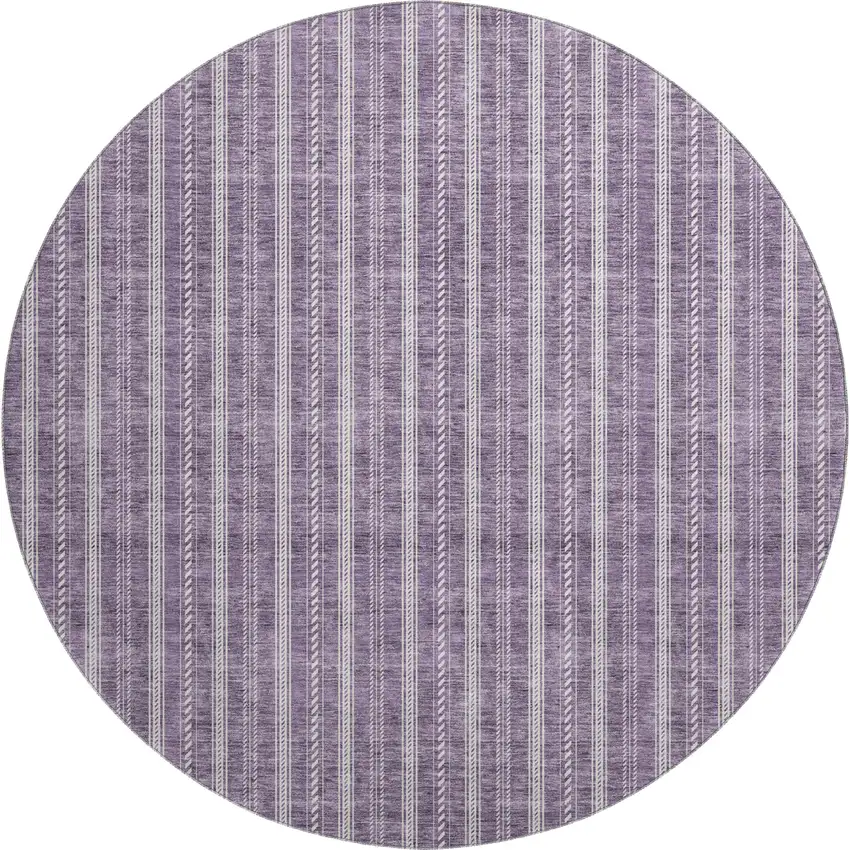 8' Purple And Ivory Striped Washable Round Rug With UV Protection Photo 1