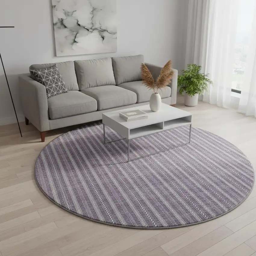 8' Purple And Ivory Striped Washable Round Rug With UV Protection Photo 2