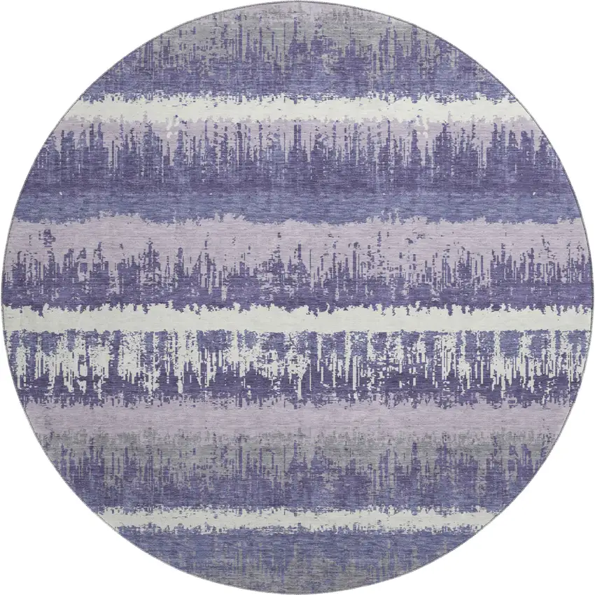 8' Purple And Ivory Striped Washable Round Rug With UV Protection Photo 1