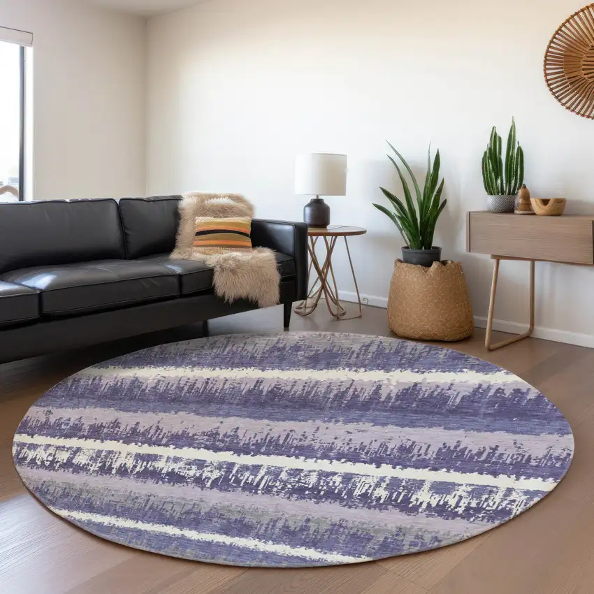 8' Purple And Ivory Striped Washable Round Rug With UV Protection Photo 4