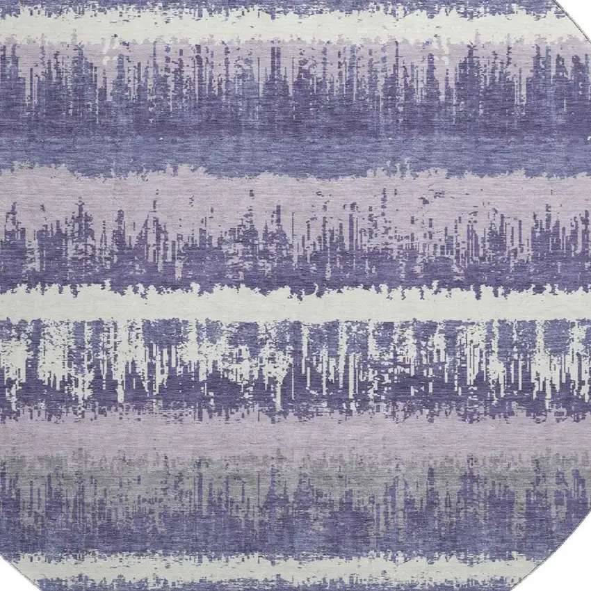 8' Purple And Ivory Striped Washable Round Rug With UV Protection Photo 2