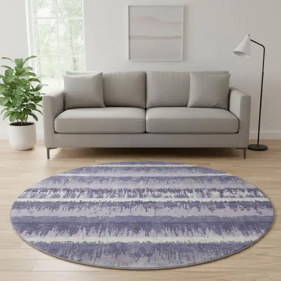 8' Purple And Ivory Striped Washable Round Rug With UV Protection Photo 2