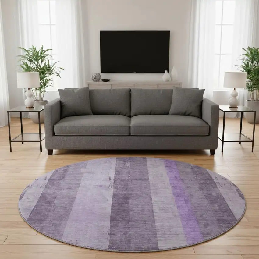 8' Purple And Ivory Striped Washable Round Rug With UV Protection Photo 2