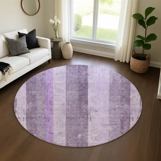 8' Purple And Ivory Striped Washable Round Rug With UV Protection Photo 4