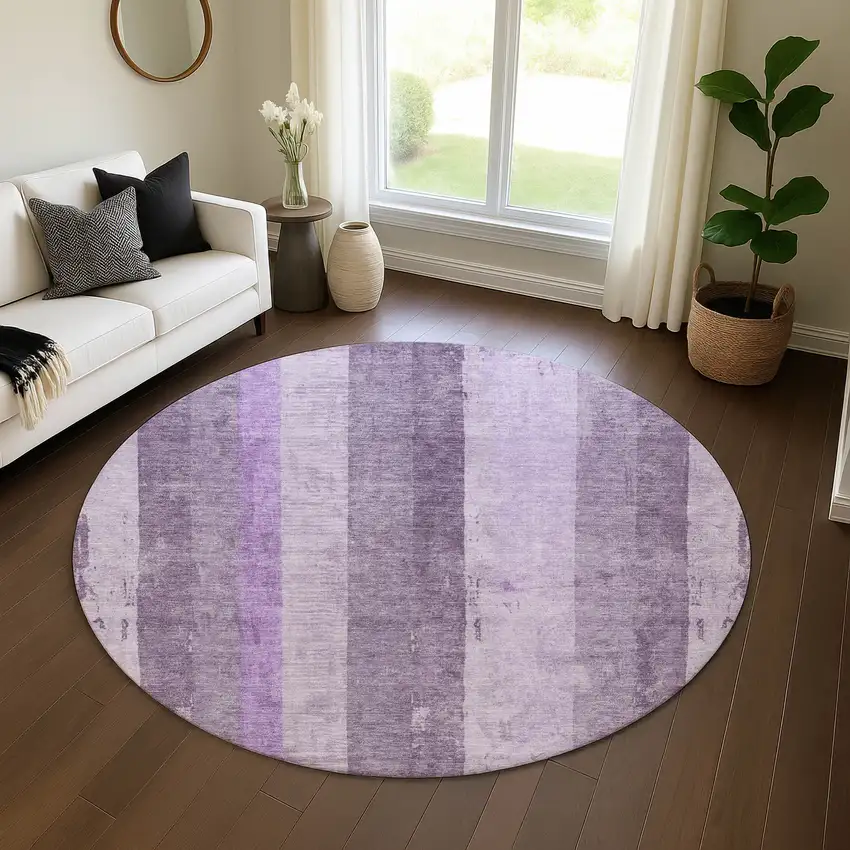 8' Purple And Ivory Striped Washable Round Rug With UV Protection Photo 4