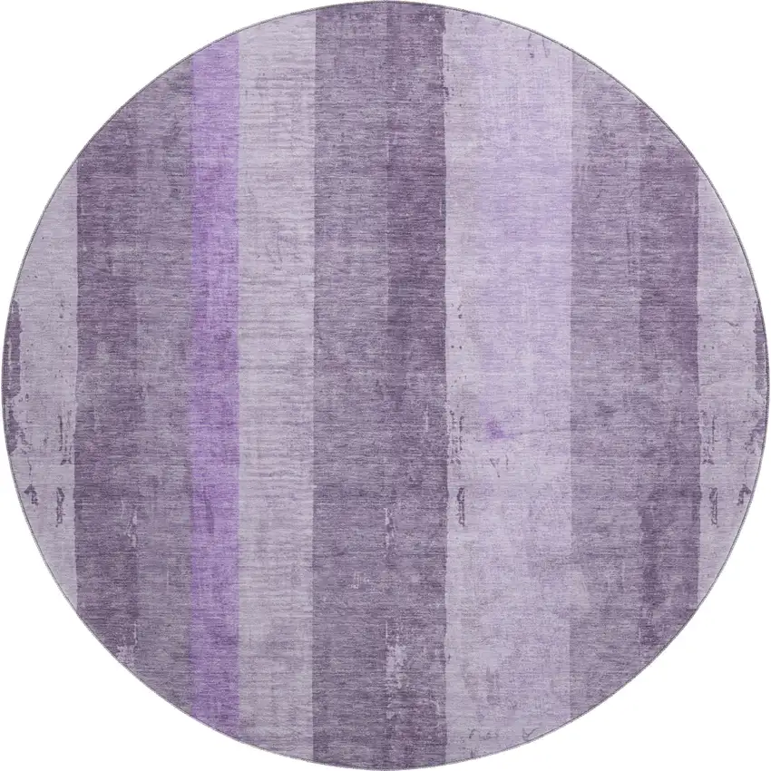 8' Purple And Ivory Striped Washable Round Rug With UV Protection Photo 1