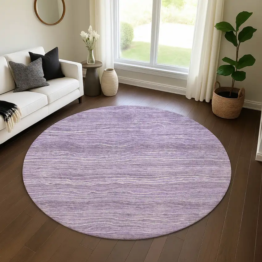 8' Purple And Ivory Striped Washable Round Rug With UV Protection Photo 4