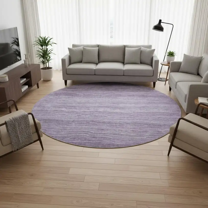 8' Purple And Ivory Striped Washable Round Rug With UV Protection Photo 2