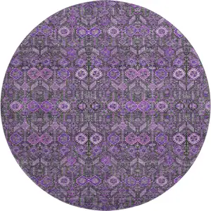Photo of 8' Purple And Ivory Tribal Washable Round Rug With UV Protection