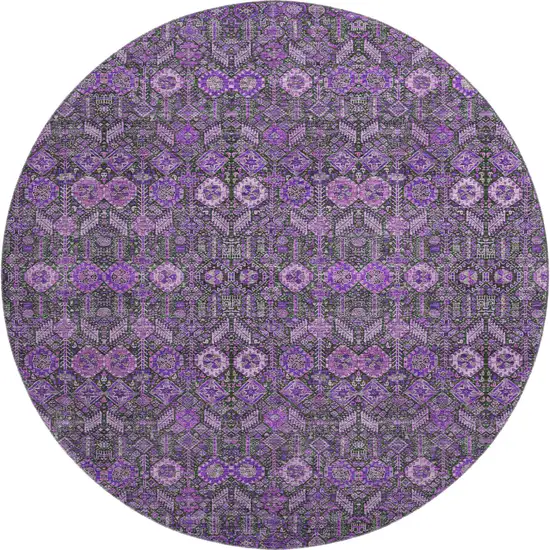 8' Purple And Ivory Tribal Washable Round Rug With UV Protection Photo 1