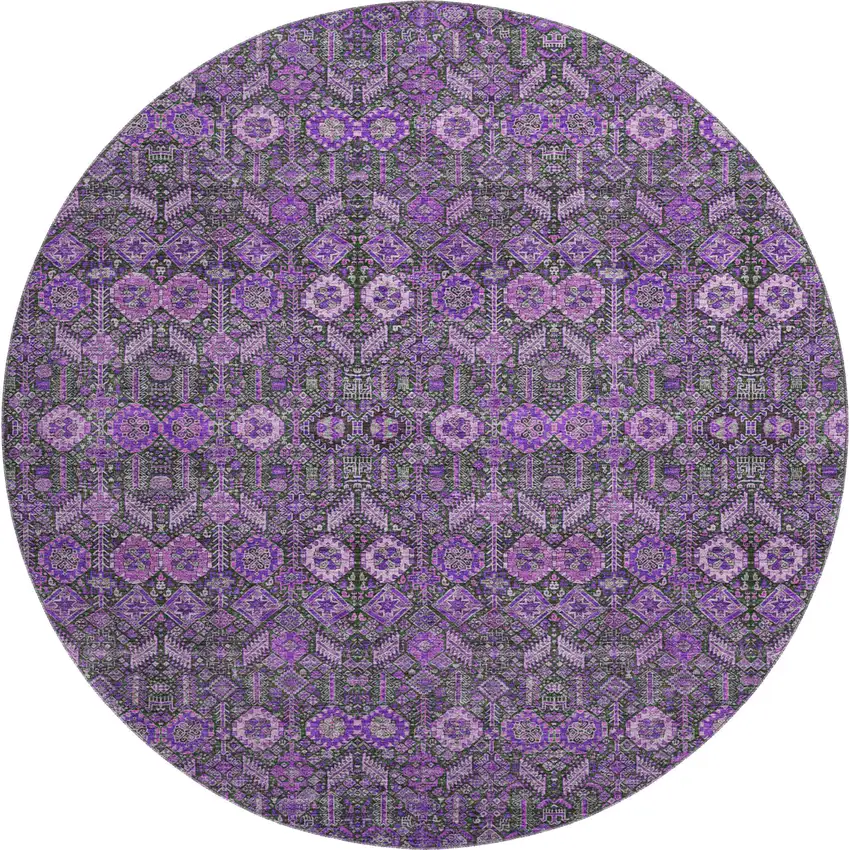 8' Purple And Ivory Tribal Washable Round Rug With UV Protection Photo 1