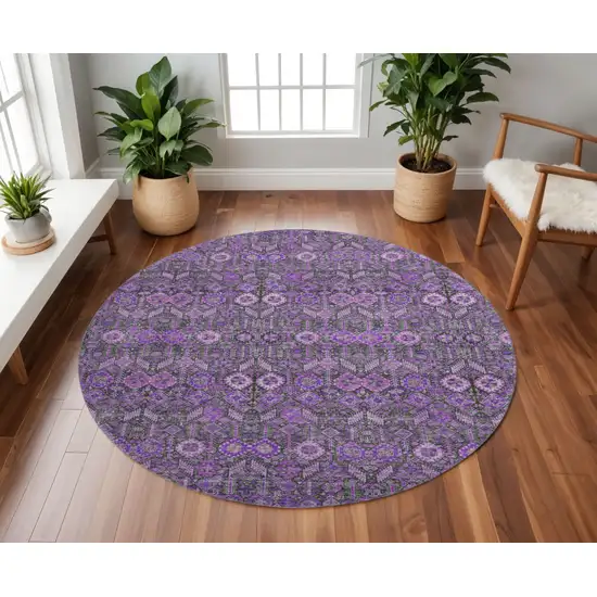 8' Purple And Ivory Tribal Washable Round Rug With UV Protection Photo 2