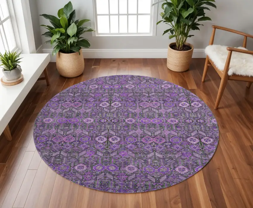 8' Purple And Ivory Tribal Washable Round Rug With UV Protection Photo 2