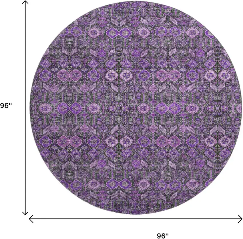 8' Purple And Ivory Tribal Washable Round Rug With UV Protection Photo 3