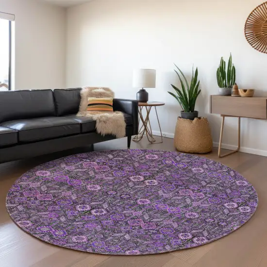 8' Purple And Ivory Tribal Washable Round Rug With UV Protection Photo 5