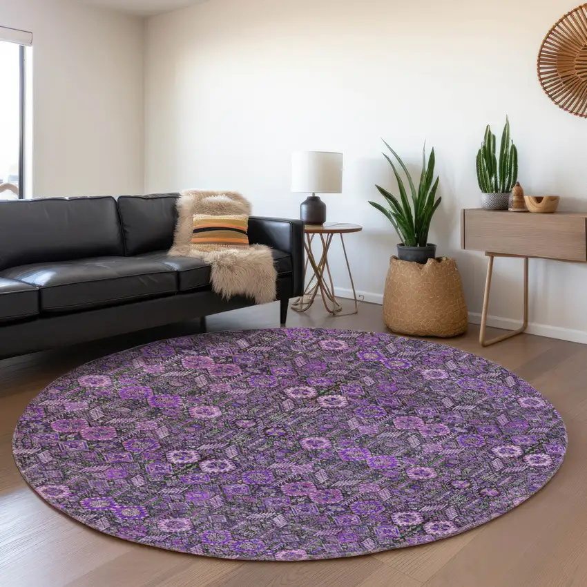 8' Purple And Ivory Tribal Washable Round Rug With UV Protection Photo 5