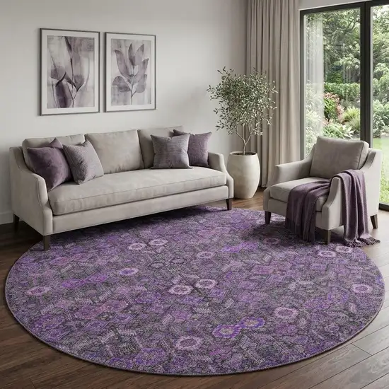 8' Purple And Ivory Tribal Washable Round Rug With UV Protection Photo 1