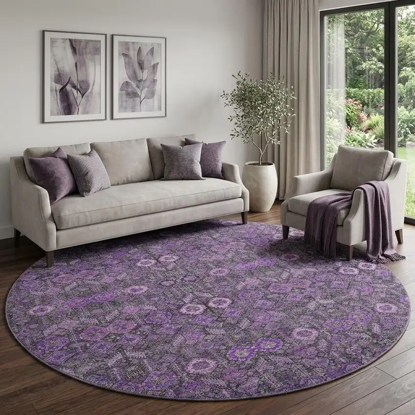 8' Purple And Ivory Tribal Washable Round Rug With UV Protection Photo 1