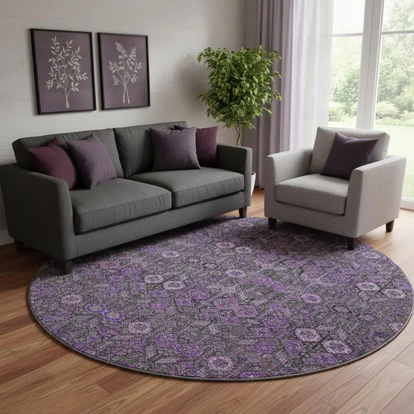 8' Purple And Ivory Tribal Washable Round Rug With UV Protection Photo 1