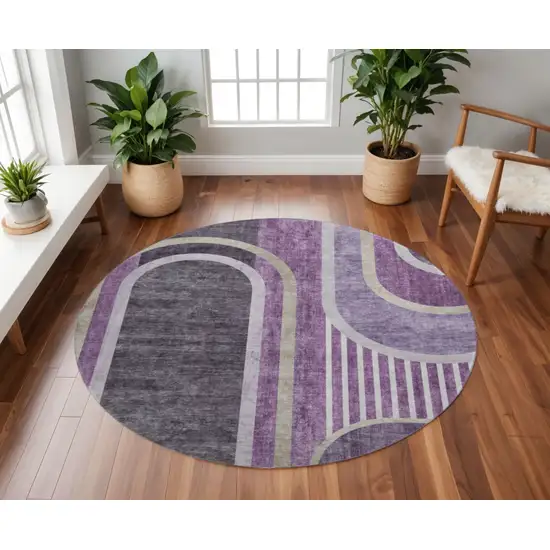 8' Purple And Khaki Geometric Washable Round Rug With UV Protection Photo 2