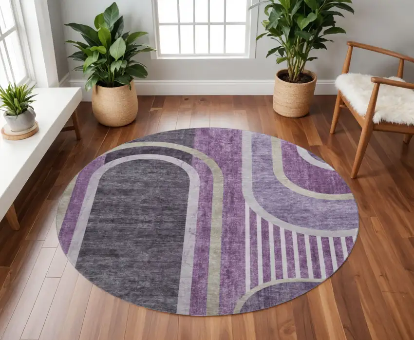 8' Purple And Khaki Geometric Washable Round Rug With UV Protection Photo 2