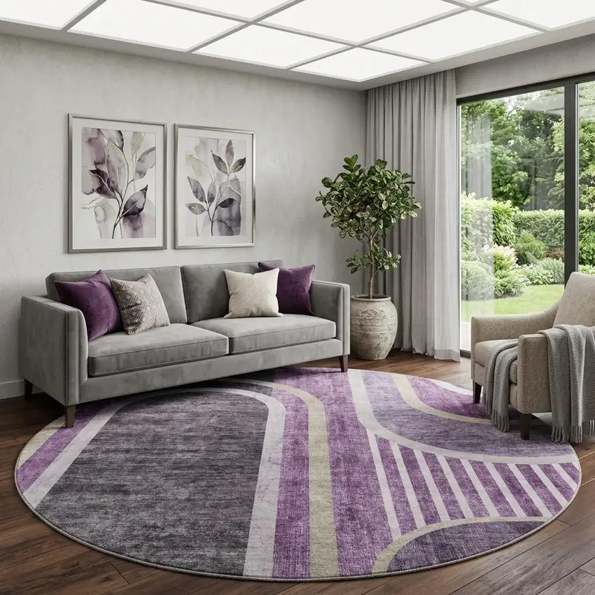 8' Purple And Khaki Geometric Washable Round Rug With UV Protection Photo 1