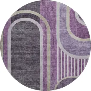 Photo of 8' Purple And Khaki Geometric Washable Round Rug With UV Protection