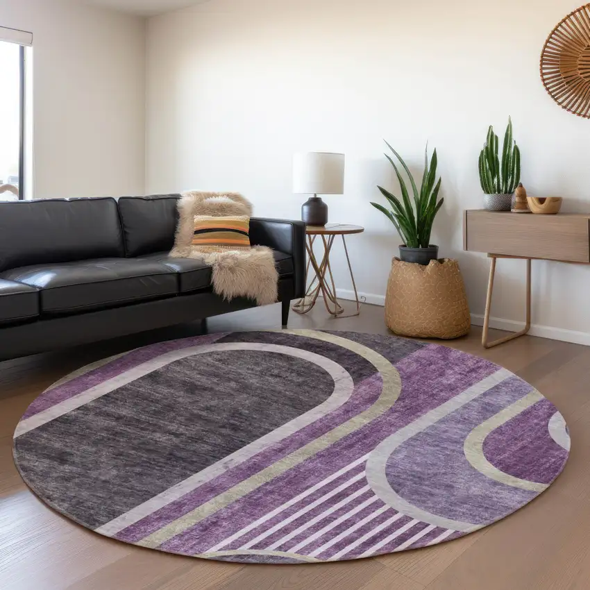 8' Purple And Khaki Geometric Washable Round Rug With UV Protection Photo 5