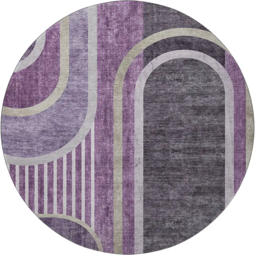 8' Purple And Khaki Geometric Washable Round Rug With UV Protection Photo 4