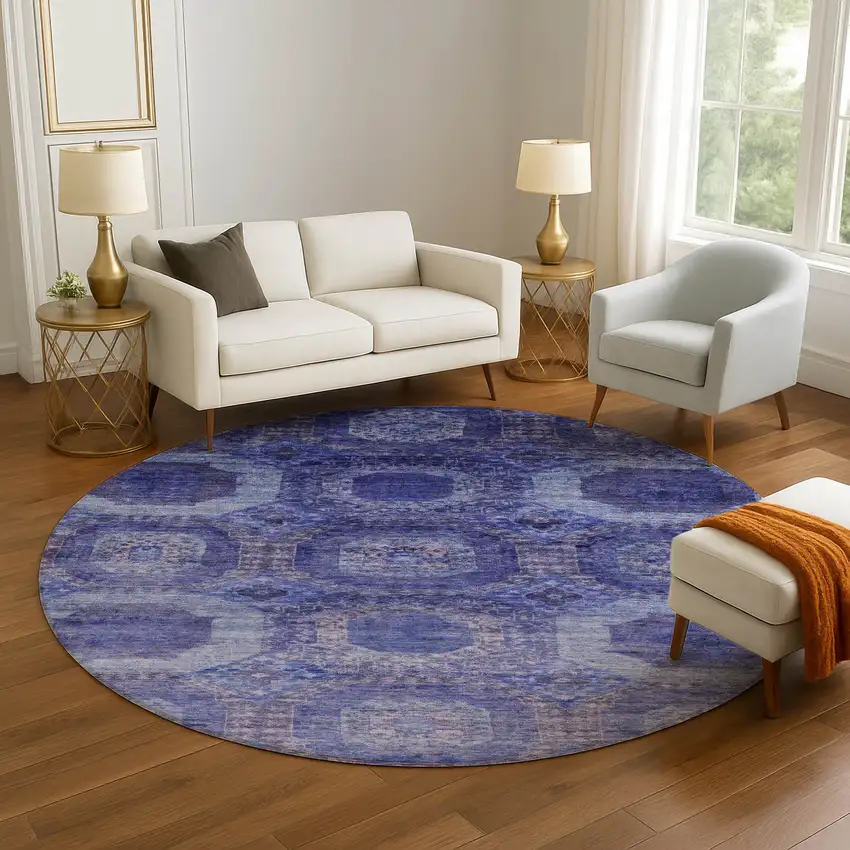 8' Purple And Lavender Abstract Geometric Washable Round Rug With UV Protection Photo 5
