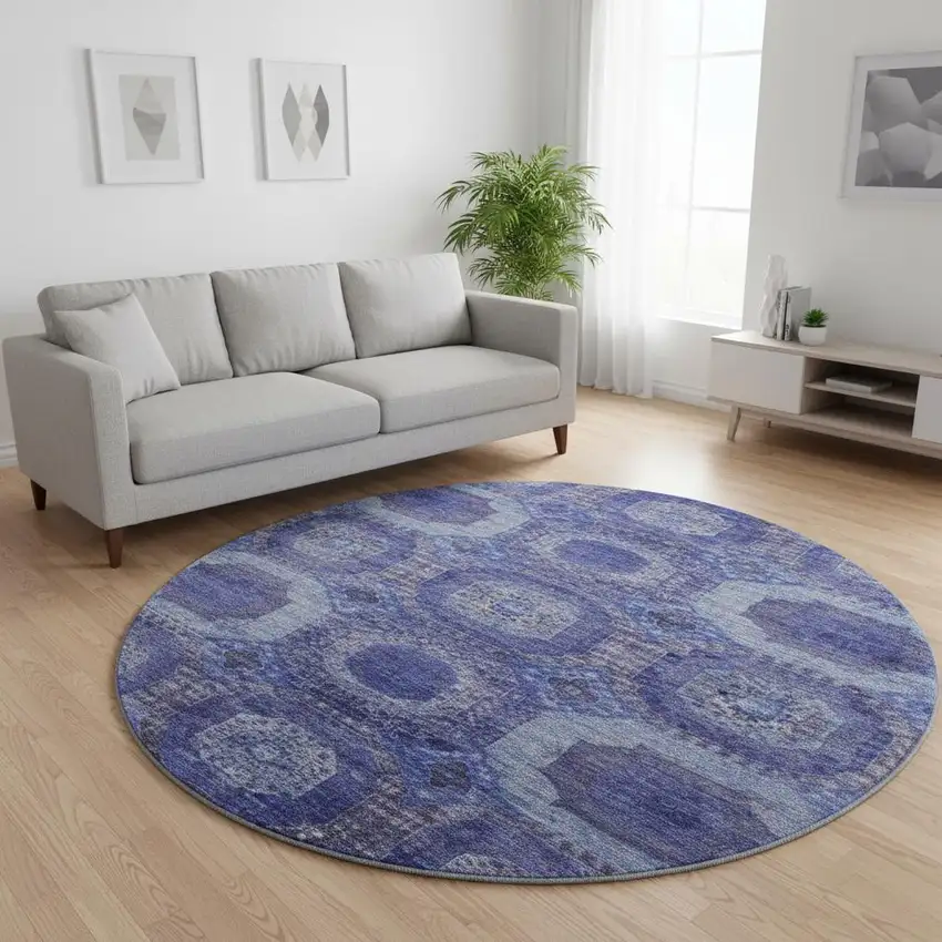 8' Purple And Lavender Abstract Geometric Washable Round Rug With UV Protection Photo 2