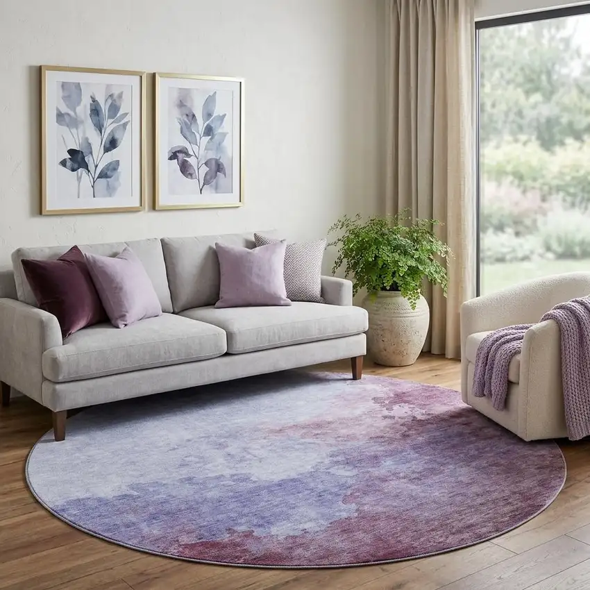 8' Purple And Lavender Abstract Washable Round Rug With UV Protection Photo 1
