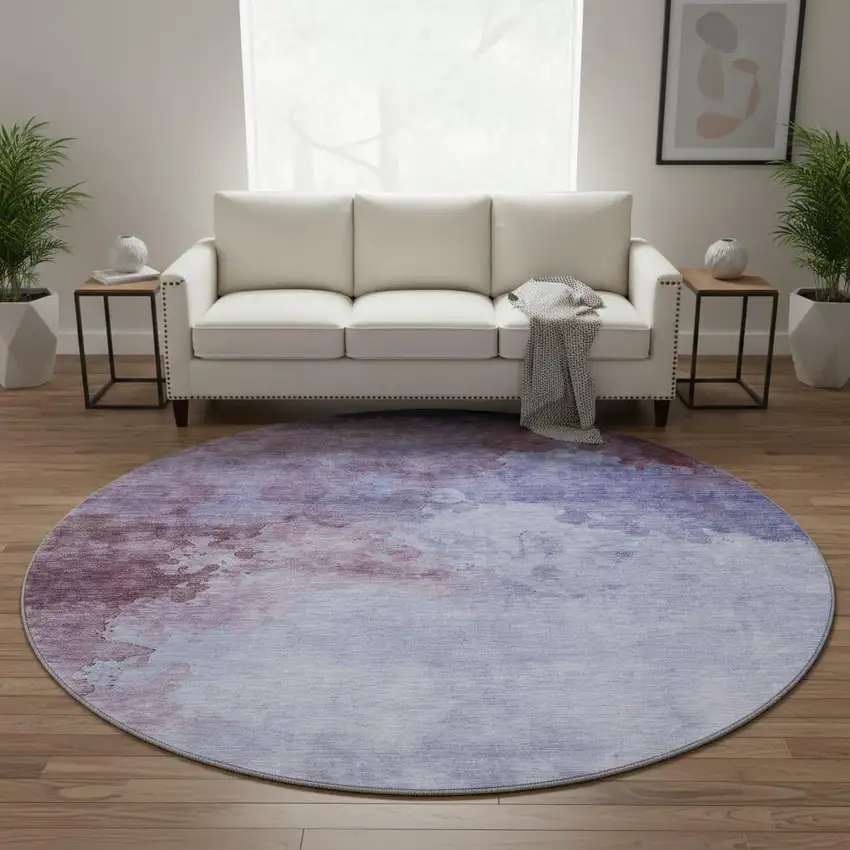 8' Purple And Lavender Abstract Washable Round Rug With UV Protection Photo 2