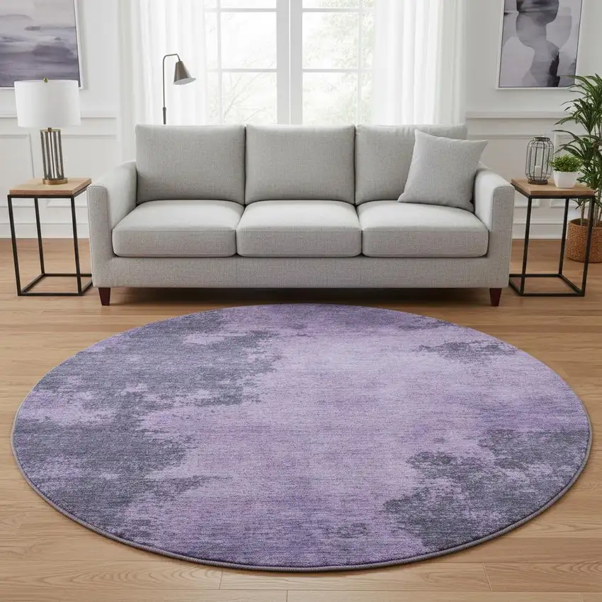 8' Purple And Lavender Abstract Washable Round Rug With UV Protection Photo 2