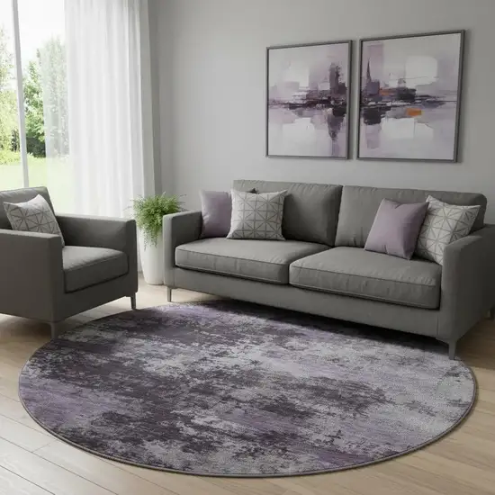 8' Purple And Lavender Abstract Washable Round Rug With UV Protection Photo 2