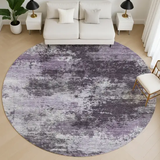 8' Purple And Lavender Abstract Washable Round Rug With UV Protection Photo 5