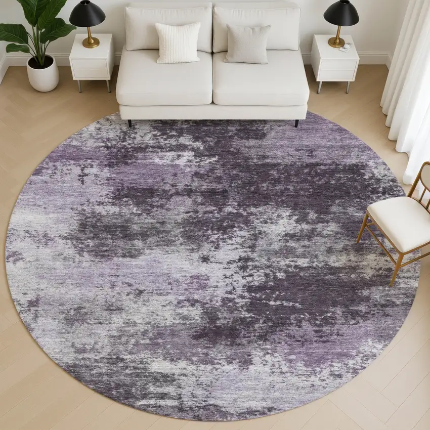 8' Purple And Lavender Abstract Washable Round Rug With UV Protection Photo 5