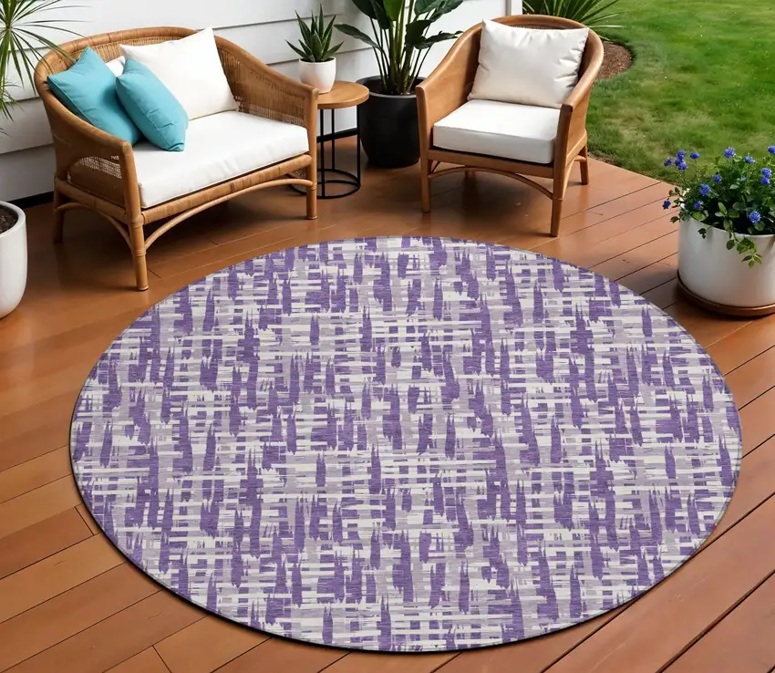 8' Purple And Lavender Round Abstract Washable Indoor Outdoor Area Rug Photo 1