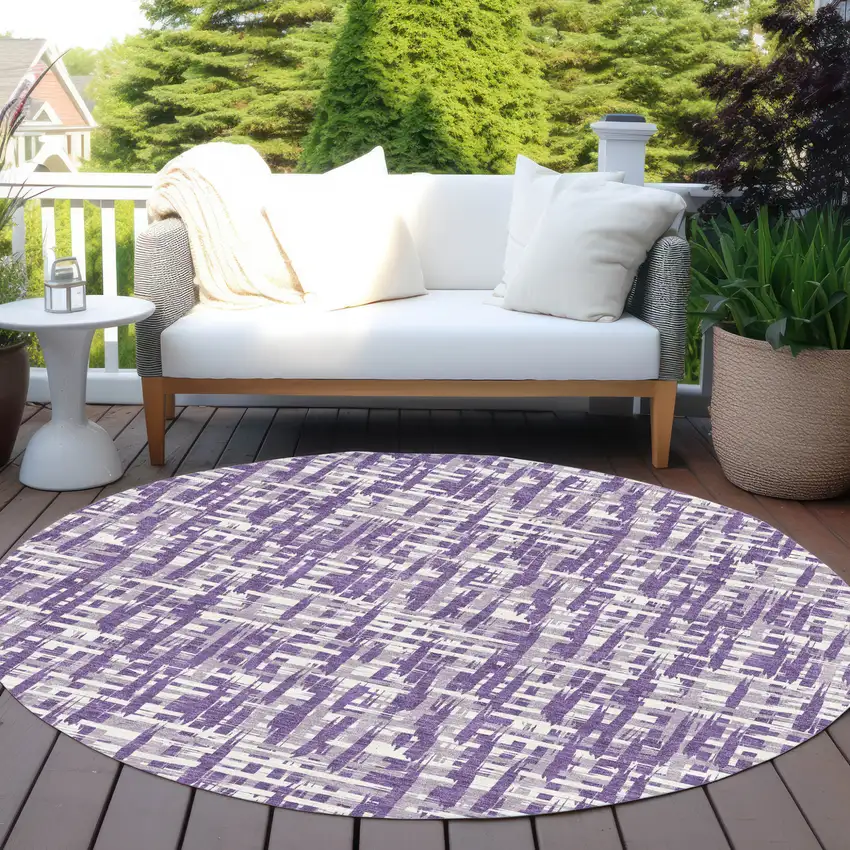 8' Purple And Lavender Round Abstract Washable Indoor Outdoor Area Rug Photo 7