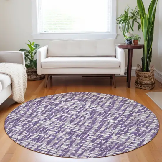8' Purple And Lavender Round Abstract Washable Indoor Outdoor Area Rug Photo 8