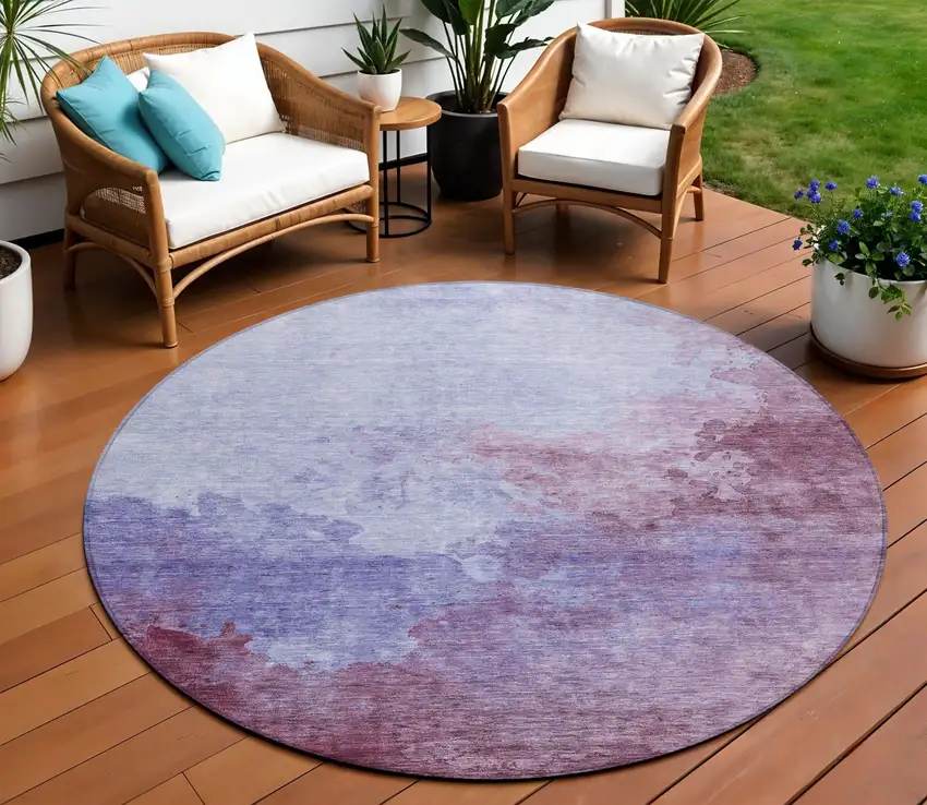 8' Purple And Lavender Round Abstract Washable Indoor Outdoor Area Rug Photo 1